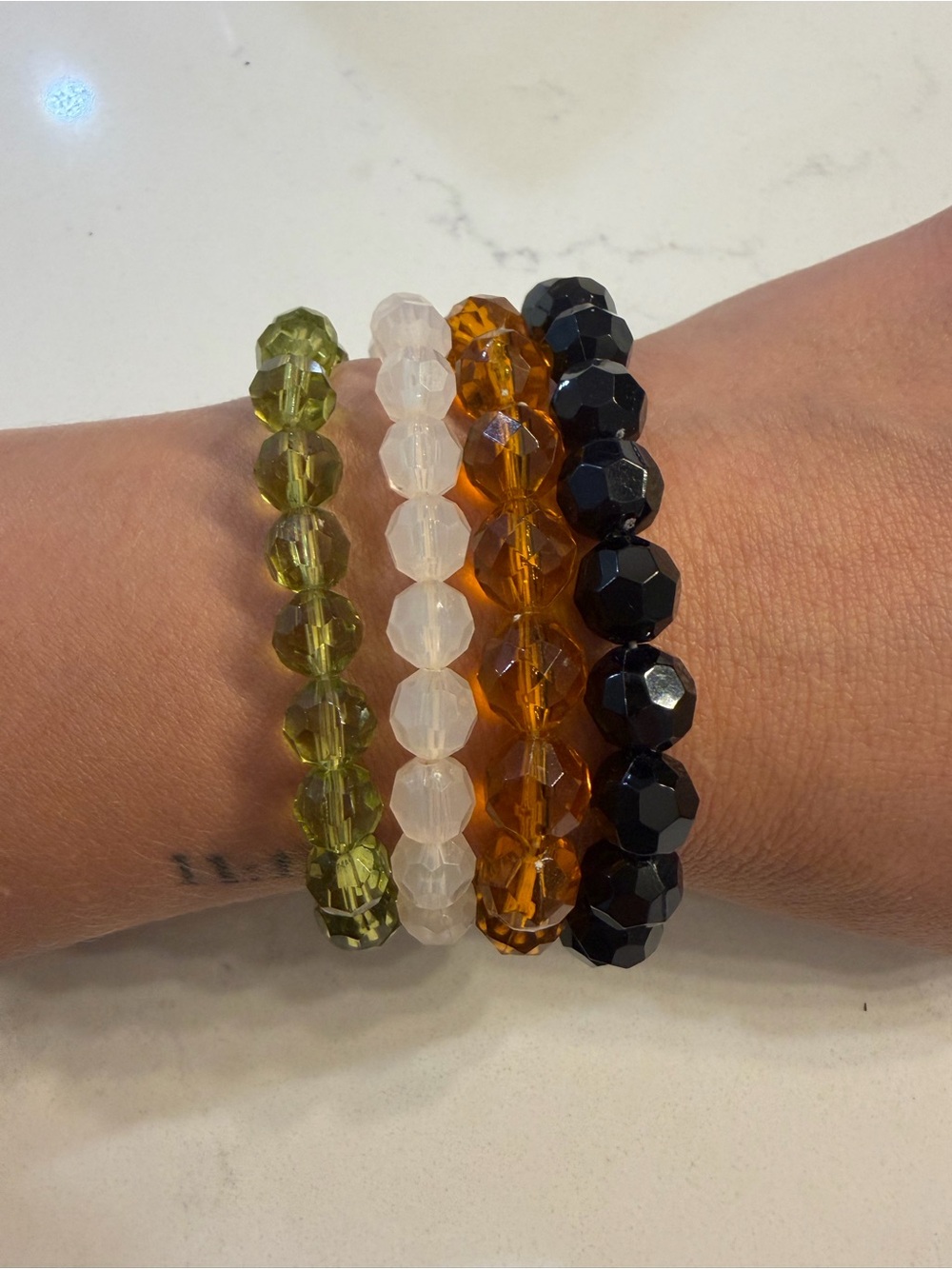 Multi-Color Faceted Beaded Stretch Bracelet Set (4) - Olive, White, Amber, Black